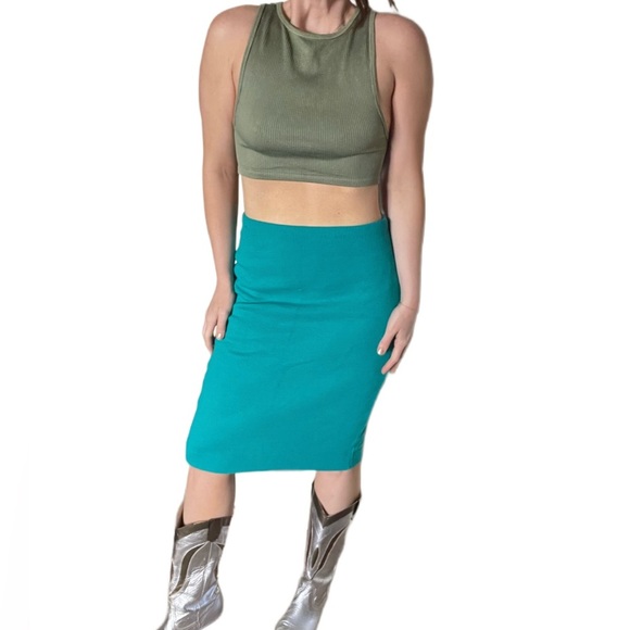 Vintage teal Blue midi knit pencil skirt body hugging Sz small - Picture 1 of 5